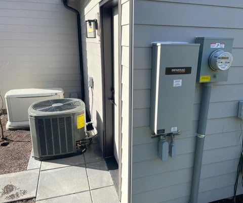 Outdoor HVAC units including an air conditioner compressor and furnace mounted on gray siding next to a house