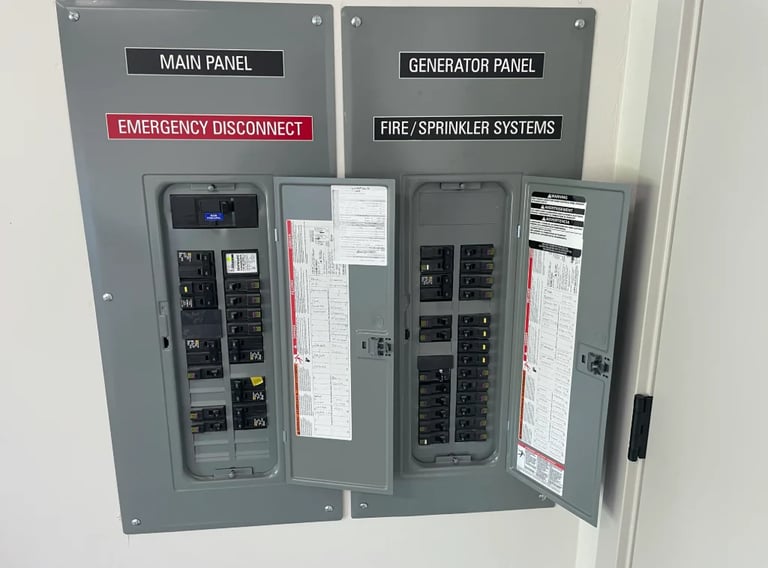 Open electrical panel showing main panel with emergency disconnect and generator panel with fire/sprinkler systems controls and circuit breakers