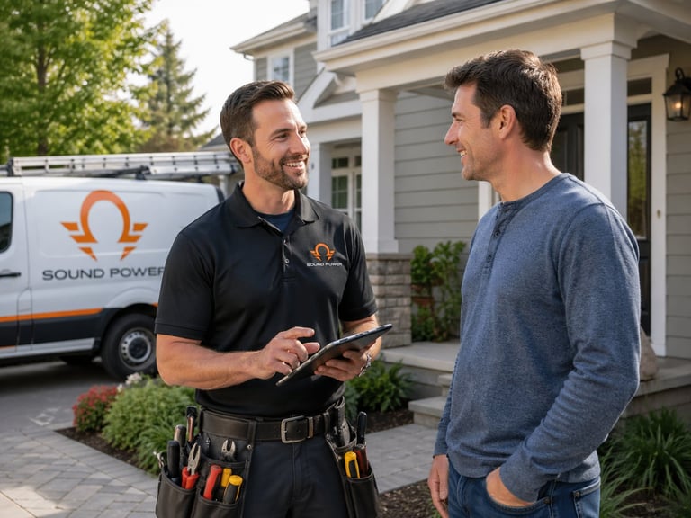 Technician in Sound Power uniform discussing with homeowner in driveway, service van visible in background