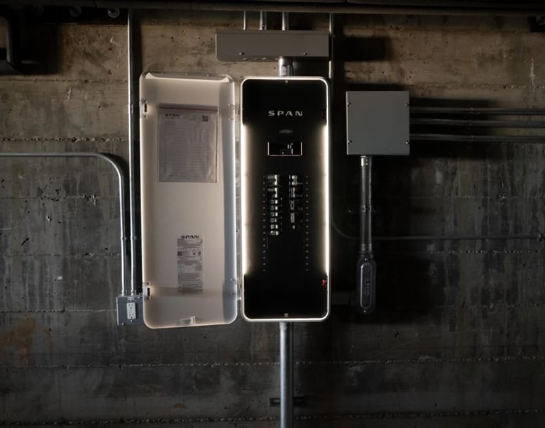Interior view of an electrical panel or switch box showing white and black components mounted on a dark textured wall